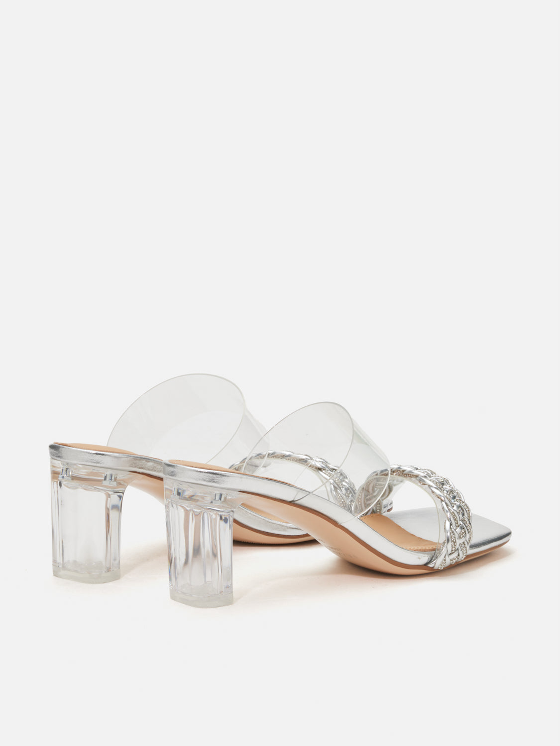 PAZZION, Freya Crystal Embellished Woven Sandal Heels, Silver