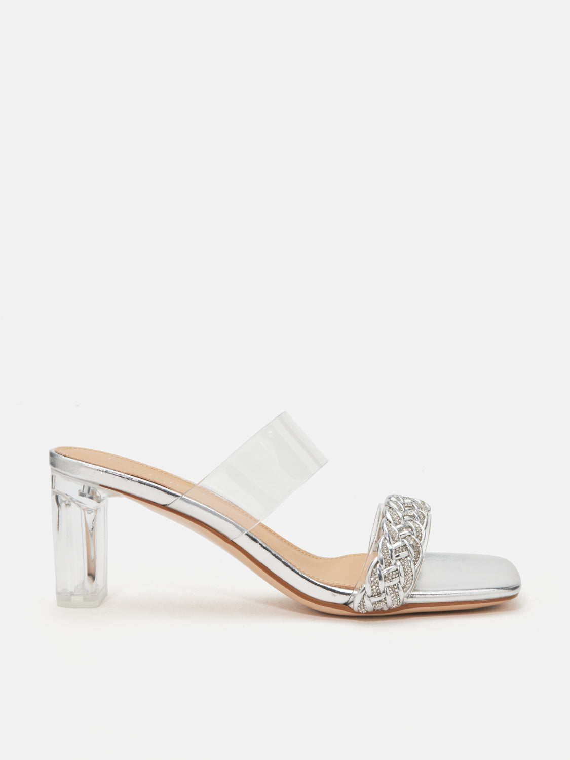 PAZZION, Freya Crystal Embellished Woven Sandal Heels, Silver