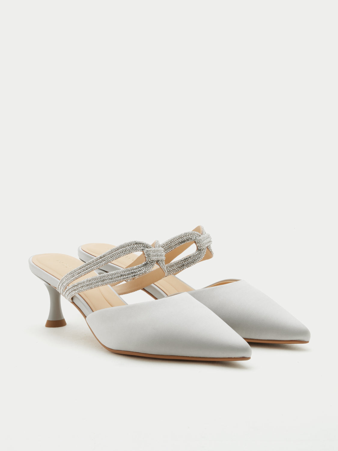 PAZZION, Gabriella Crystal Embellished Silk Mule Heels - Silver, Silver