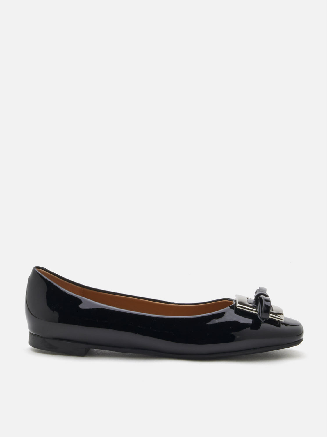 PAZZION, Gwen Silver Buckle Patent Leather Flats, Black