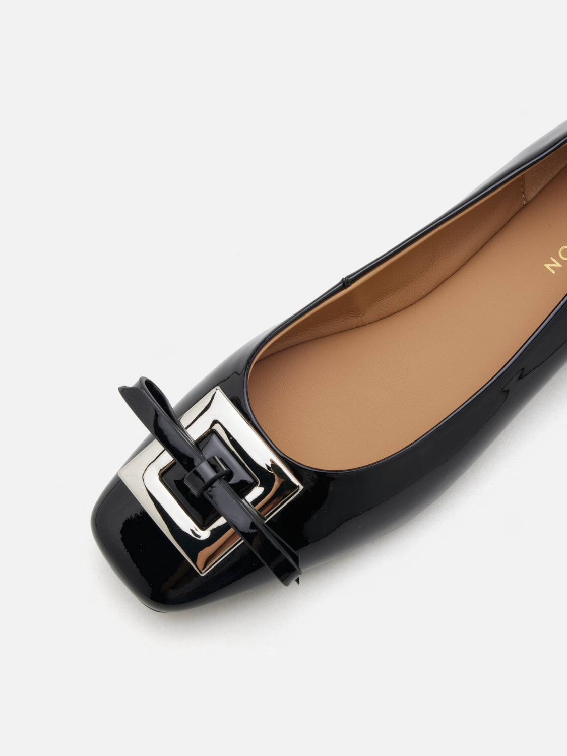 PAZZION, Gwen Silver Buckle Patent Leather Flats, Black