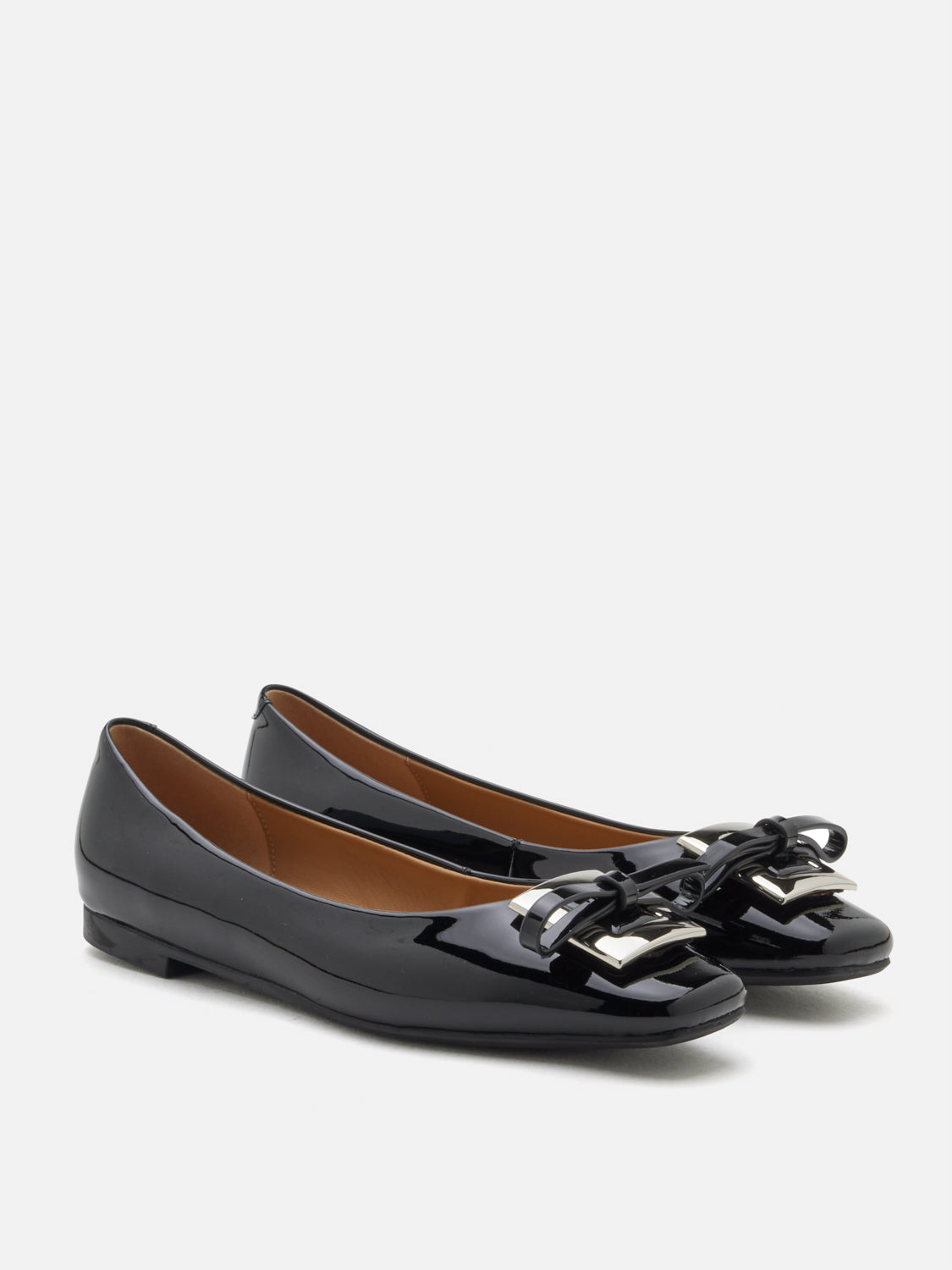 PAZZION, Gwen Silver Buckle Patent Leather Flats, Black