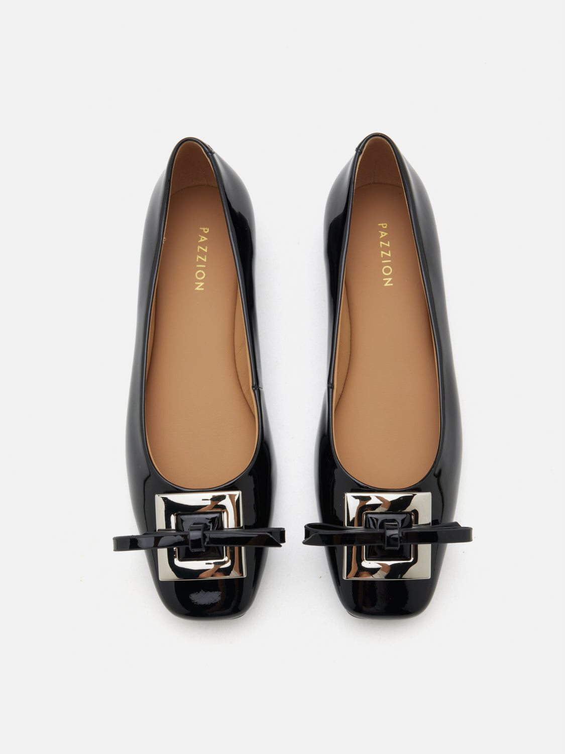 PAZZION, Gwen Silver Buckle Patent Leather Flats, Black
