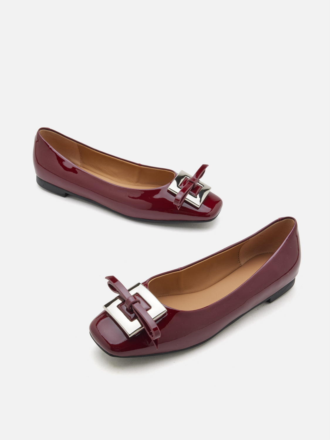 PAZZION, Gwen Silver Buckle Patent Leather Flats, Wine
