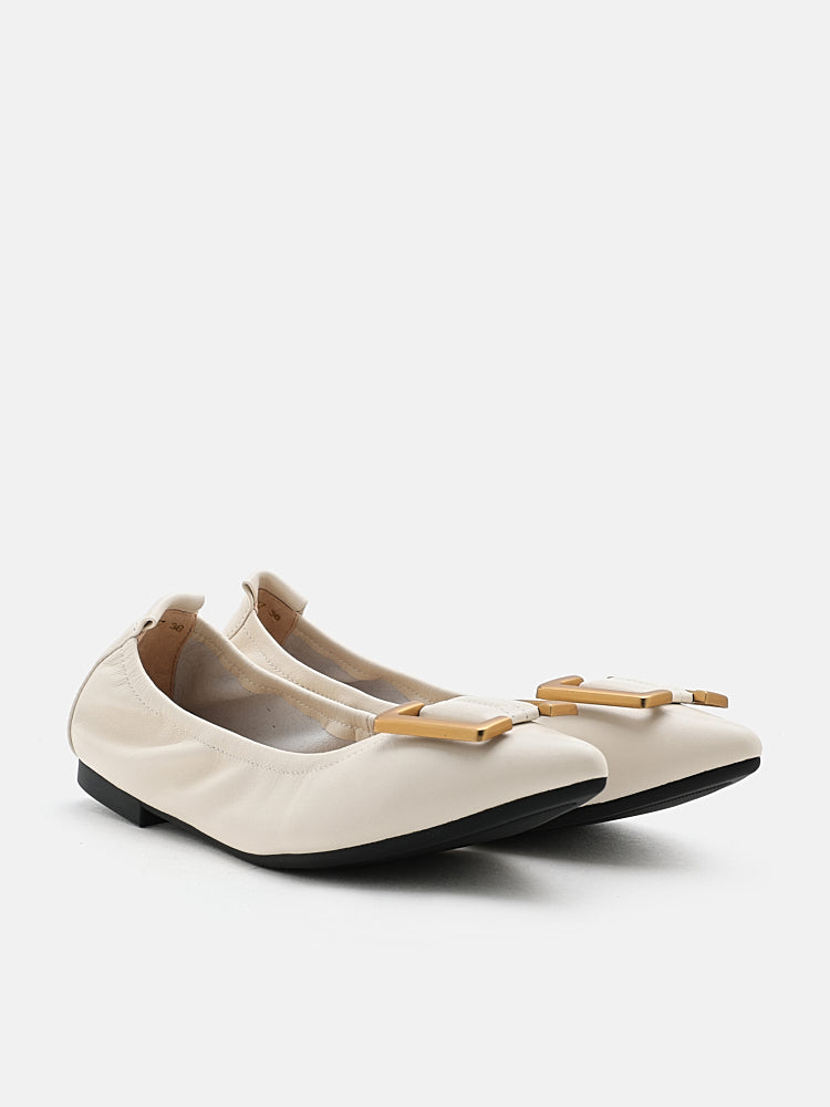 PAZZION, Harper Gold Buckled Pointed-Toe Flats, Beige