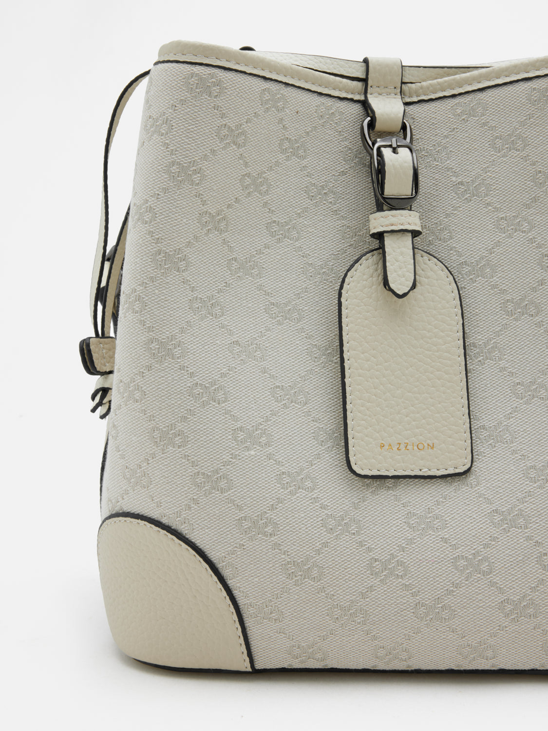 PAZZION, Hedi Monogram Bucket Bag, Beige