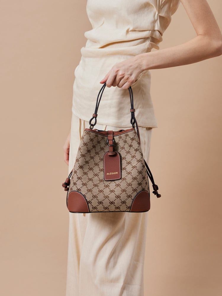 PAZZION, Hedi Monogram Bucket Bag, Brown