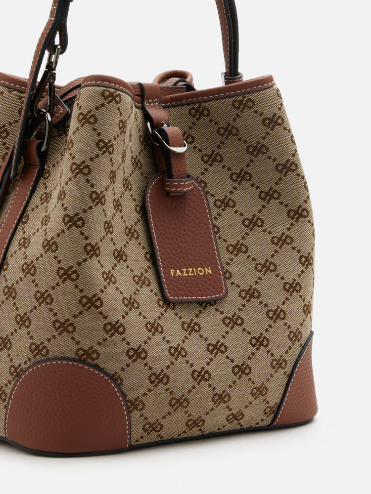 PAZZION, Hedi Monogram Bucket Bag, Brown