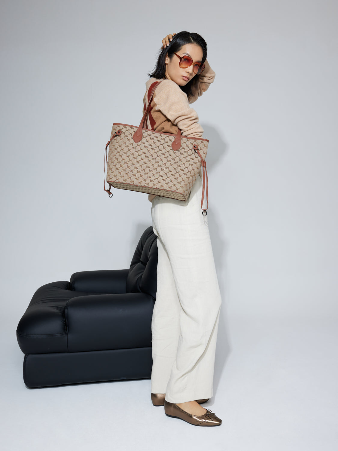 PAZZION, Hedi Monogram Tote, Brown