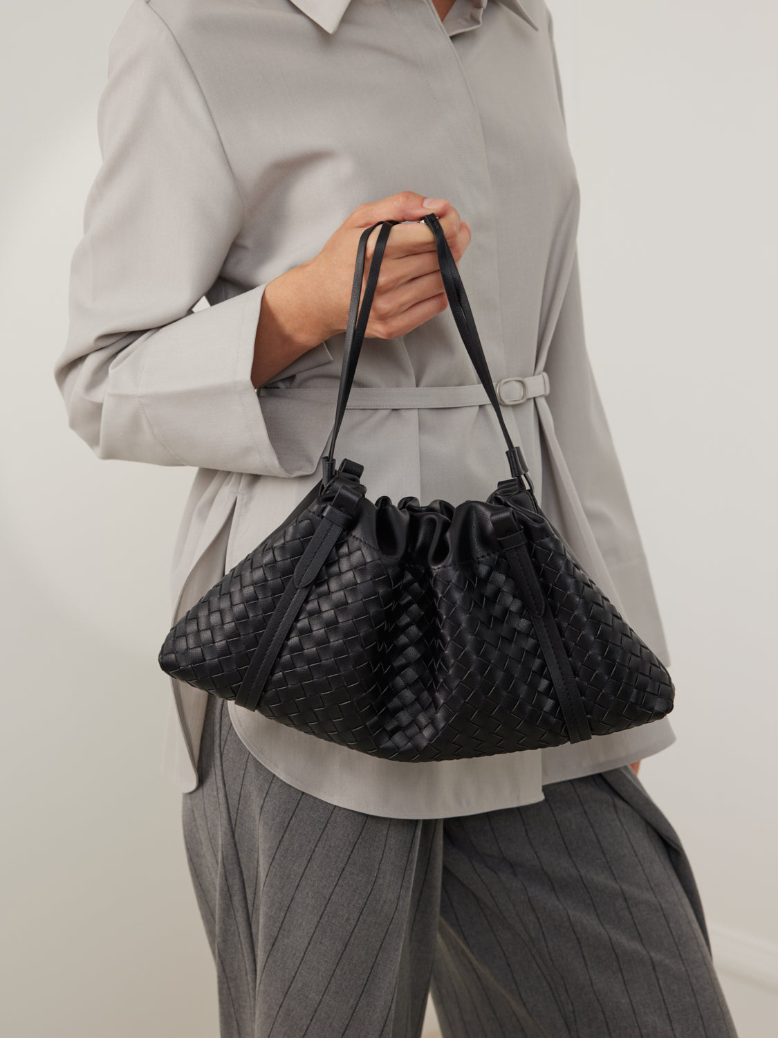 PAZZION, Ida Woven Leather Shoulder Bag, Black