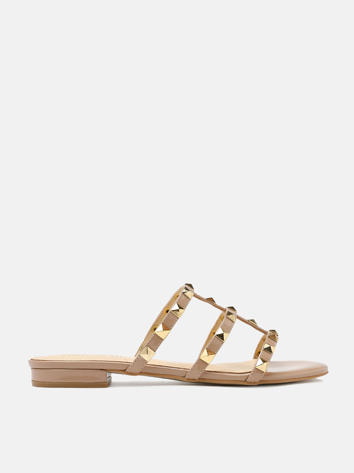PAZZION, Ingrid Gold Studded Cage Patent Leather Slides, Nude