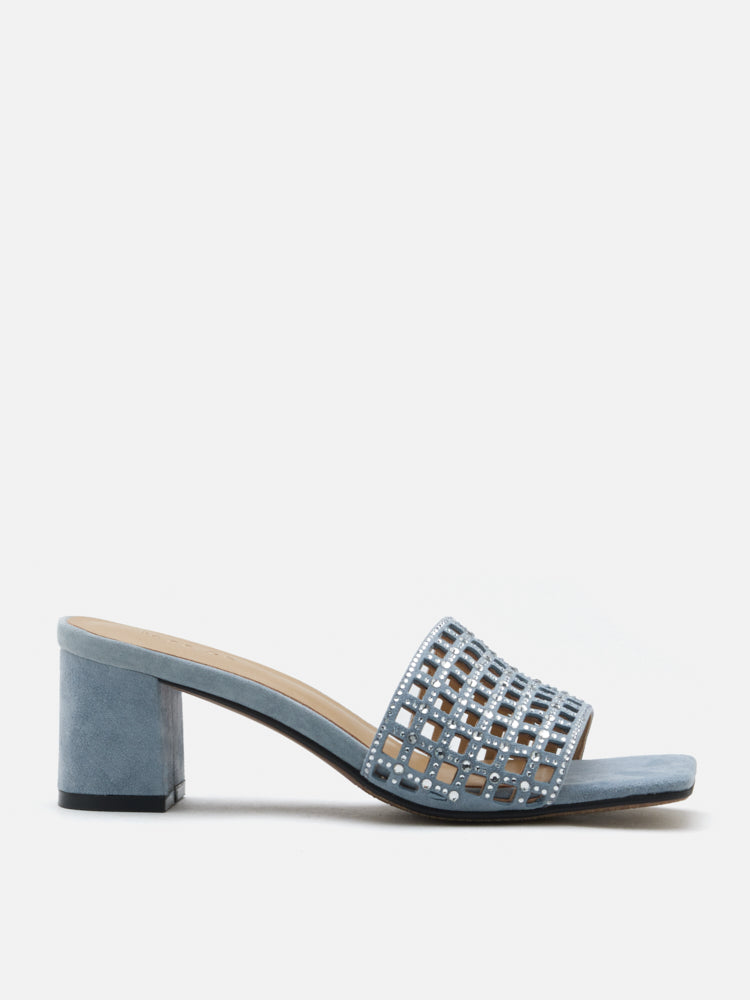PAZZION, Iris Crystal Embellished Perforated Mule Heels, Lightblue