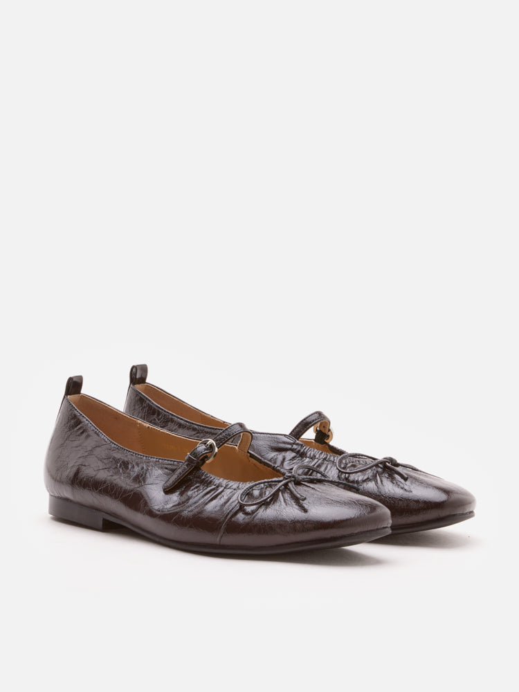 PAZZION, Issey Gathered Ruched Bow Mary Janes, Darkbrown