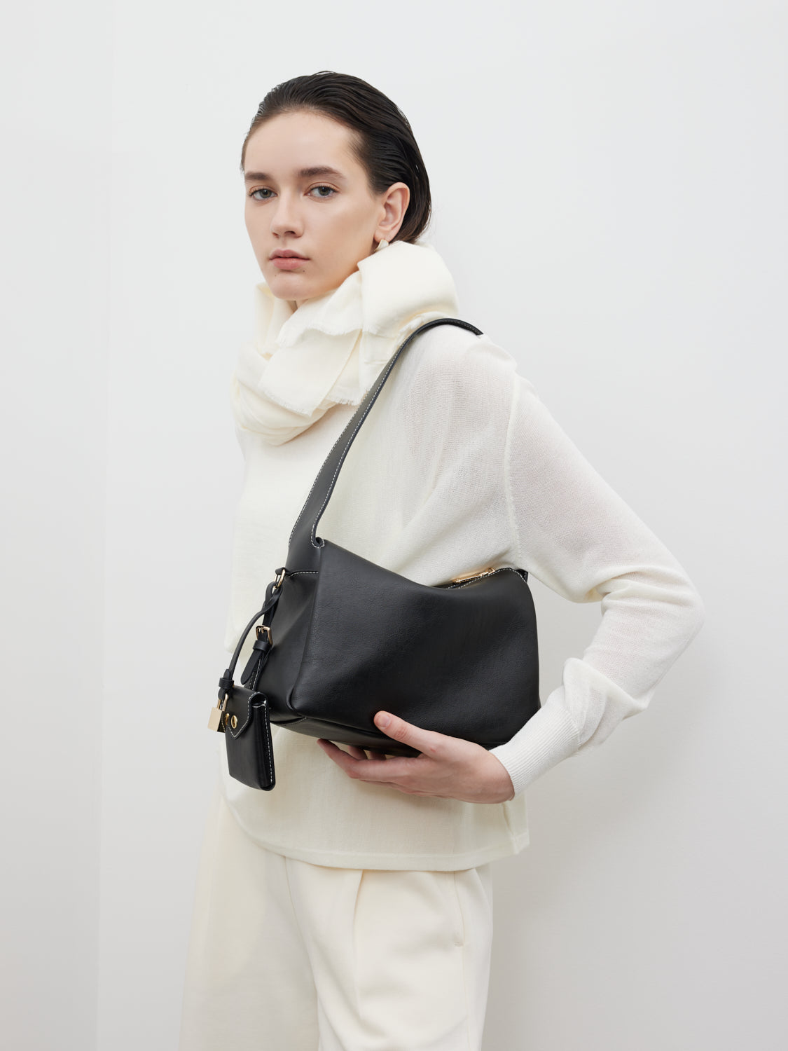 PAZZION, Ivana Lock Leather Bag, Black