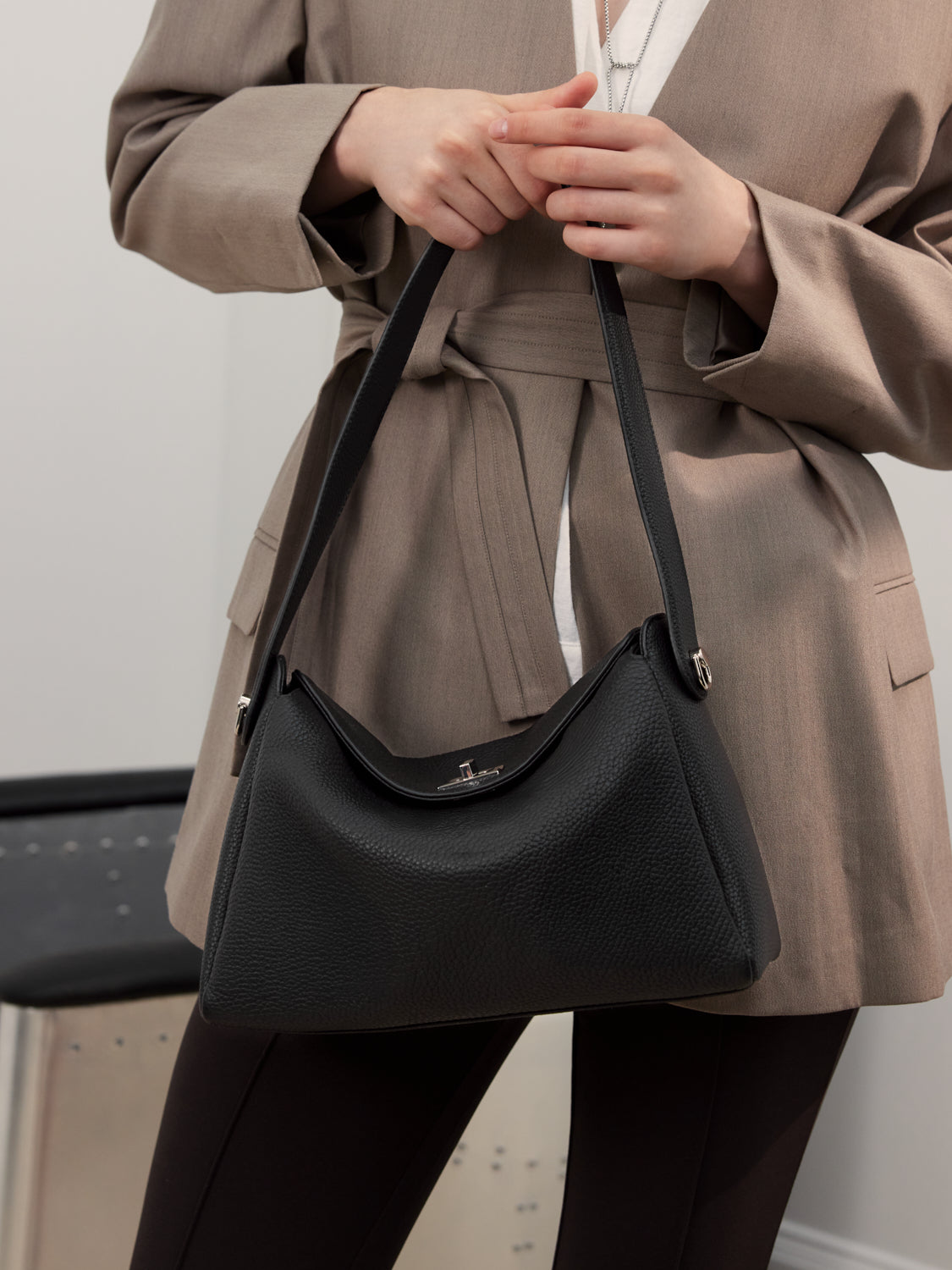 PAZZION, Iyana Twist Lock Leather Bag - Black, Black