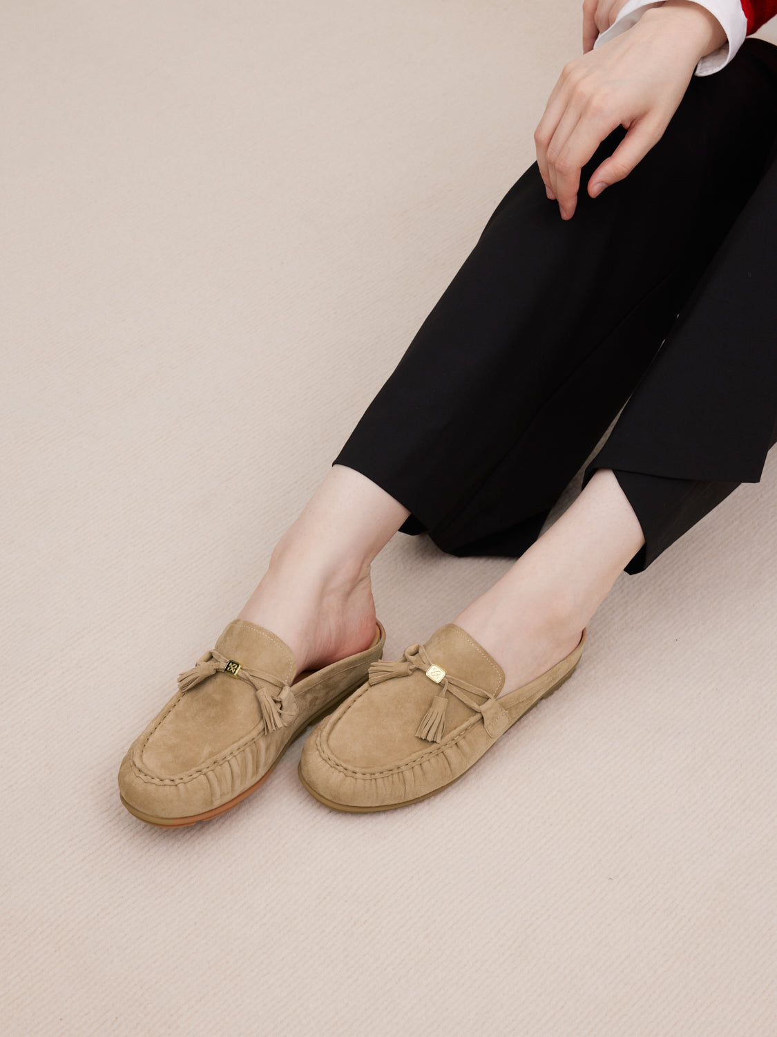 PAZZION, Jean Bow Suede Mules, Almond