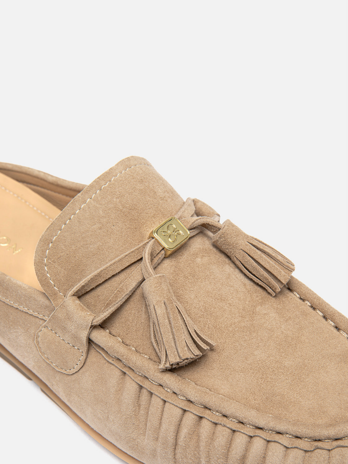 PAZZION, Jean Bow Suede Mules, Almond