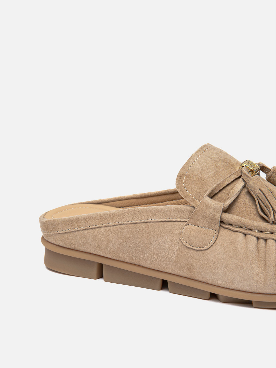 PAZZION, Jean Bow Suede Mules, Almond