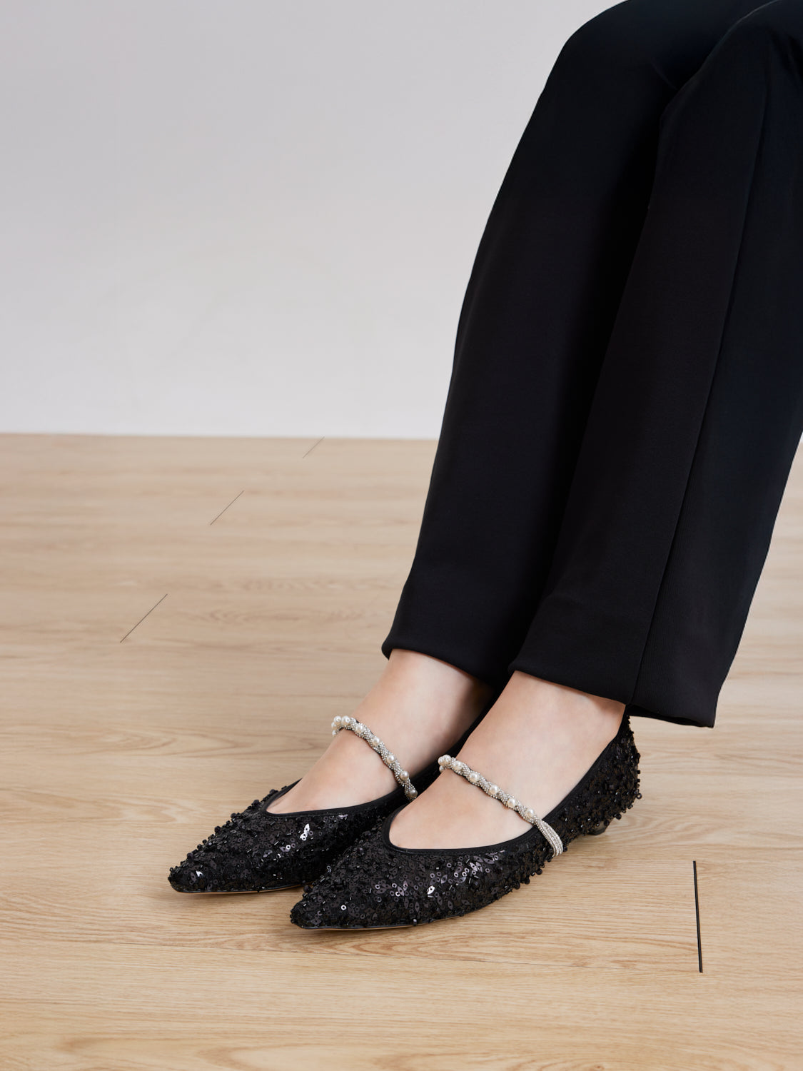 PAZZION, Jemima Embellished Mesh Pointed Toe Flats, Black