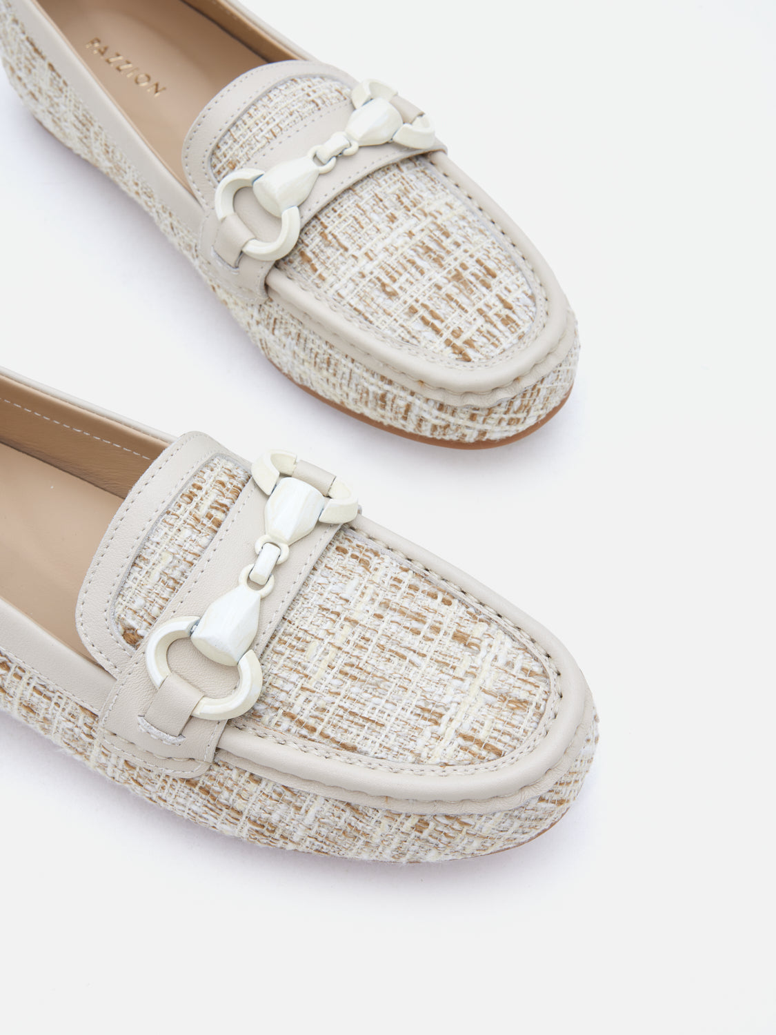 PAZZION, Jovielle Buckled Tweed Moccasin, Beige