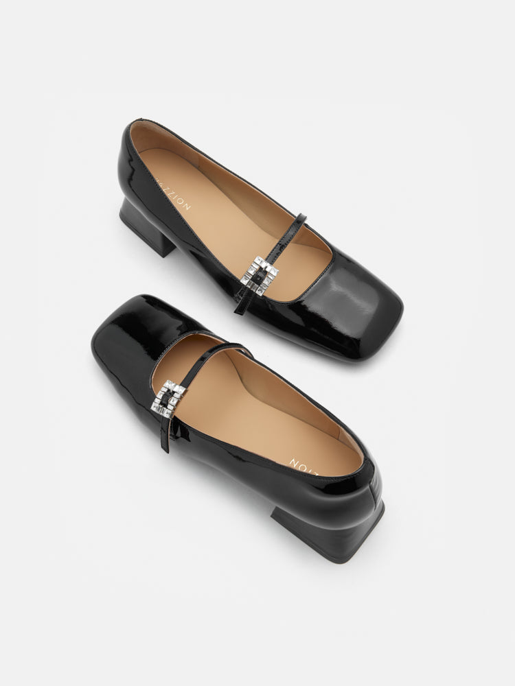 PAZZION, Kamielle Embellished Buckle Mary Jane Heels, Black