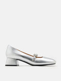PAZZION, Kamielle Embellished Buckle Mary Jane Heels, Silver