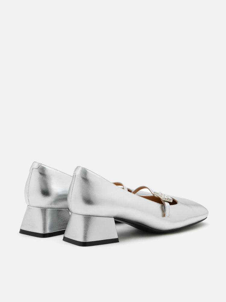PAZZION, Kamielle Embellished Buckle Mary Jane Heels, Silver