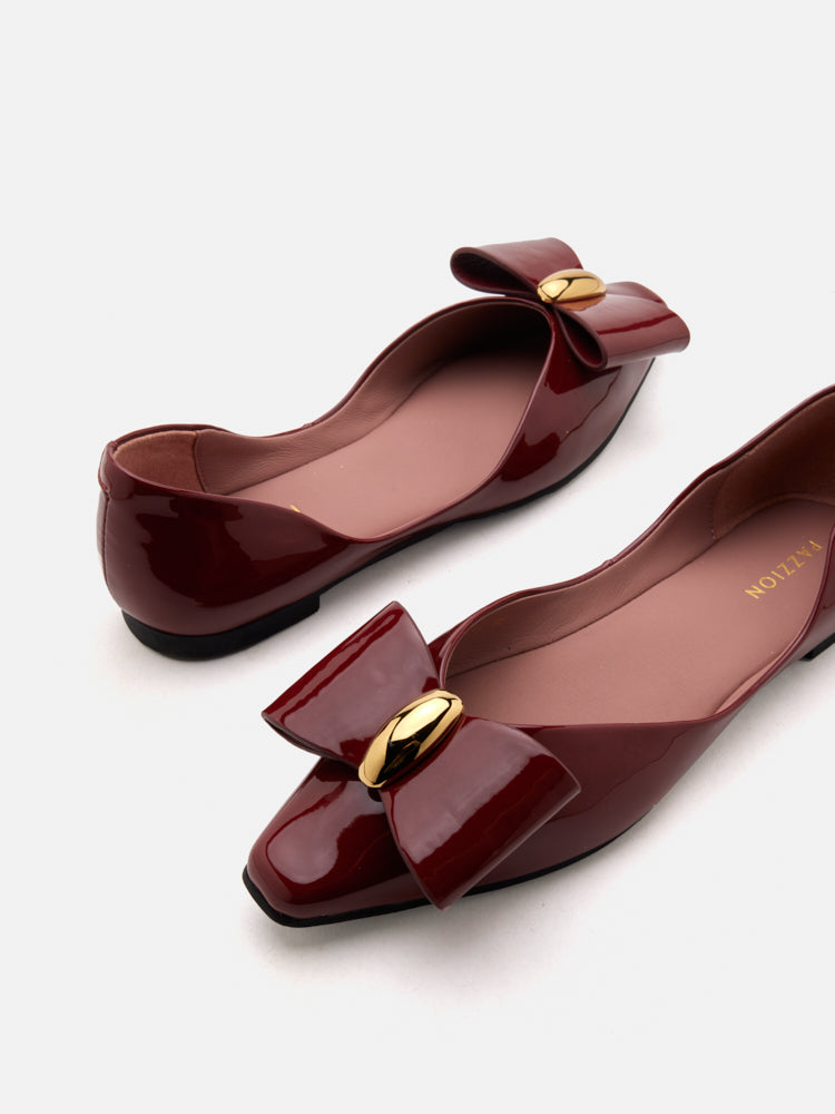 PAZZION, Kara Gold Accented Sculpted Bow Patent Flats, Wine