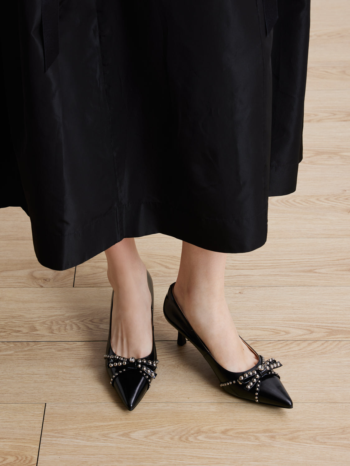 PAZZION, Knox Studded Bow Pointed Toe Heels, Black