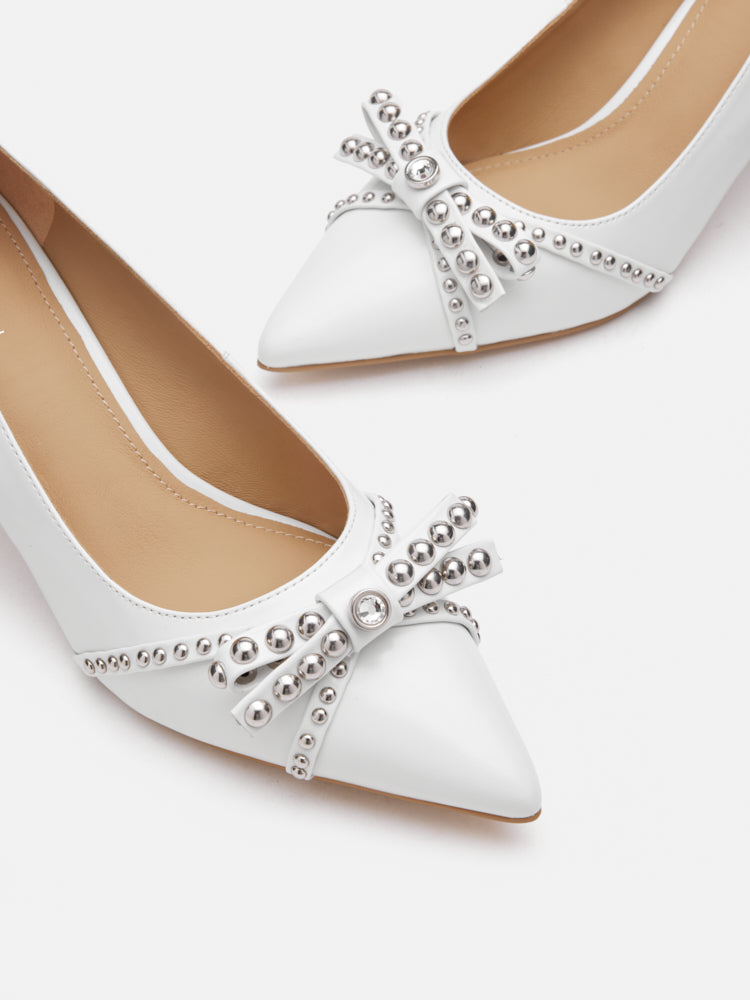 PAZZION, Knox Studded Bow Pointed Toe Heels, White