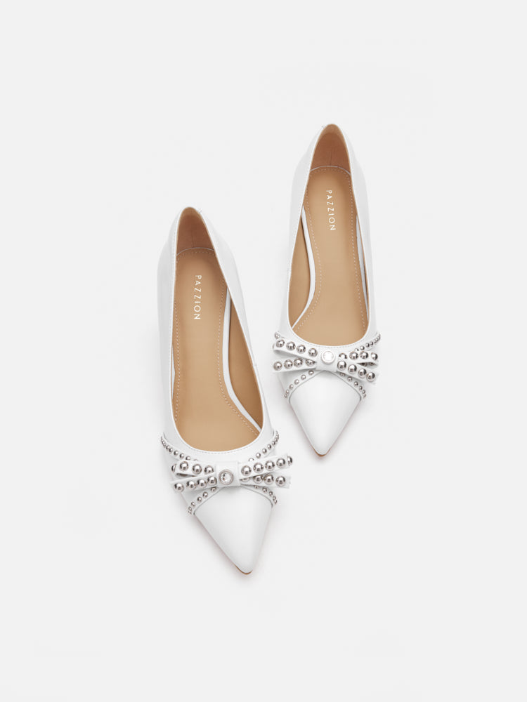 PAZZION, Knox Studded Bow Pointed Toe Heels, White