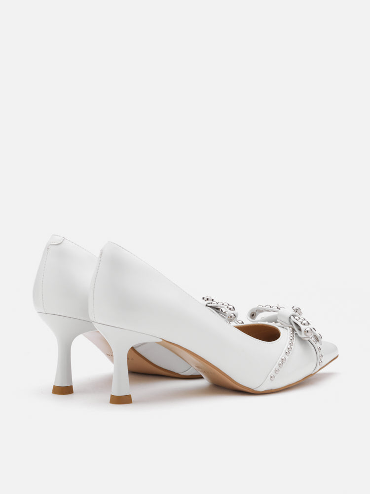 PAZZION, Knox Studded Bow Pointed Toe Heels, White