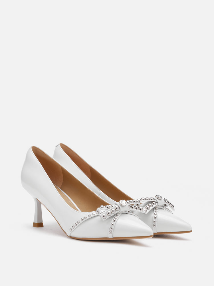 PAZZION, Knox Studded Bow Pointed Toe Heels, White