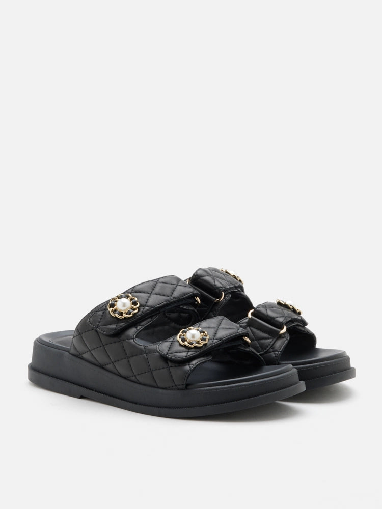 PAZZION, Leia Embellished Quilted Slides, Black