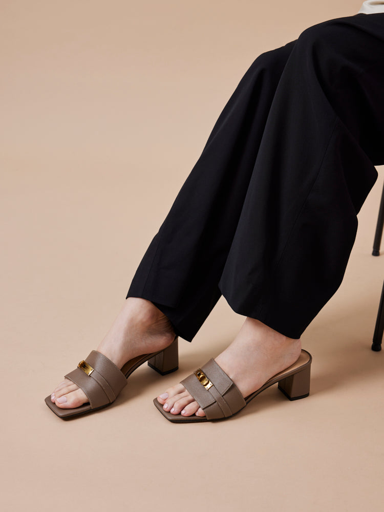 PAZZION, Lexley Twist Lock Accent Sandal Heels, Khaki