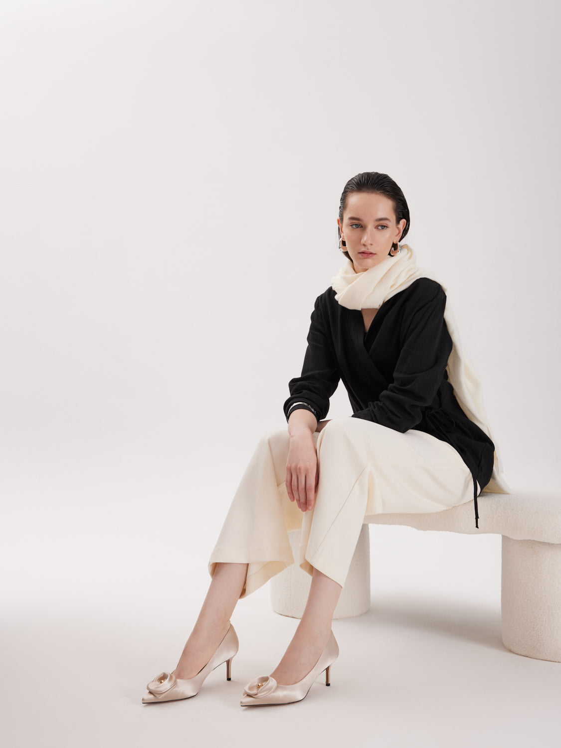 PAZZION, Lilia Pointed Toe Silk Heels, Champagne