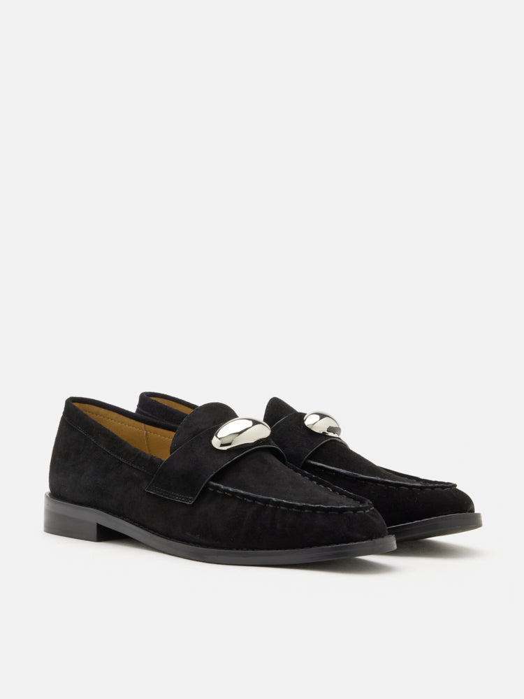 PAZZION, Lilibet Suede Metal-Buckle Loafers, Black