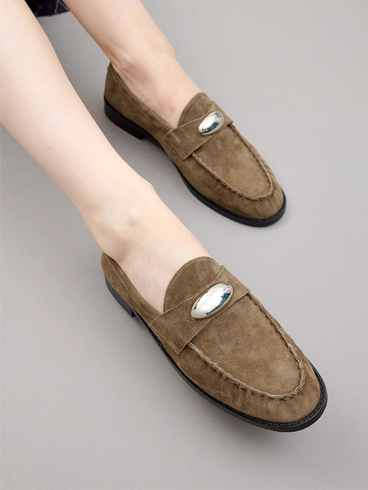 PAZZION, Lilibet Suede Metal-Buckle Loafers, Khaki