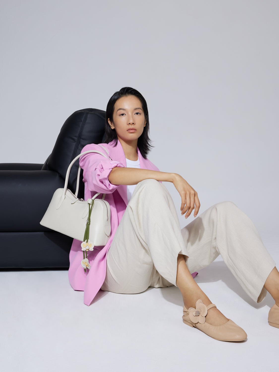 PAZZION, Lycorisse Orchid Leather Shoulder Bag, Beige