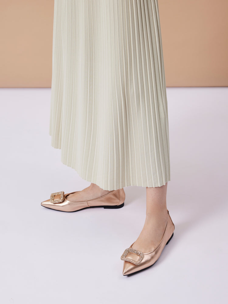 PAZZION, Maddox Crystal Buckle Pointed Toe Foldable Flats, Champagne