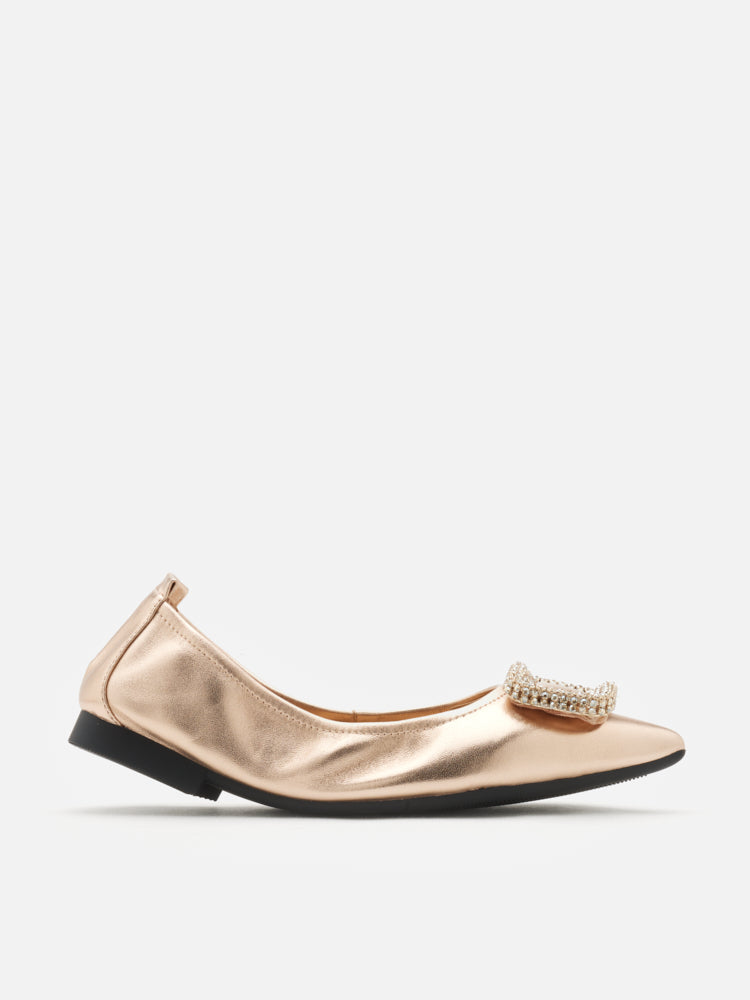 PAZZION, Maddox Crystal Buckle Pointed Toe Foldable Flats, Champagne