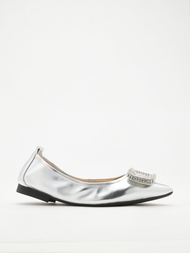 PAZZION, Maddox Crystal Buckle Pointed Toe Foldable Flats, Silver