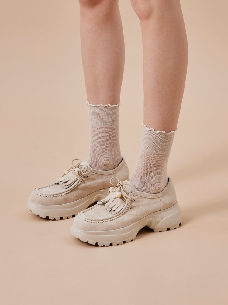 PAZZION, Maeve Suede Fringed Loafers, Beige