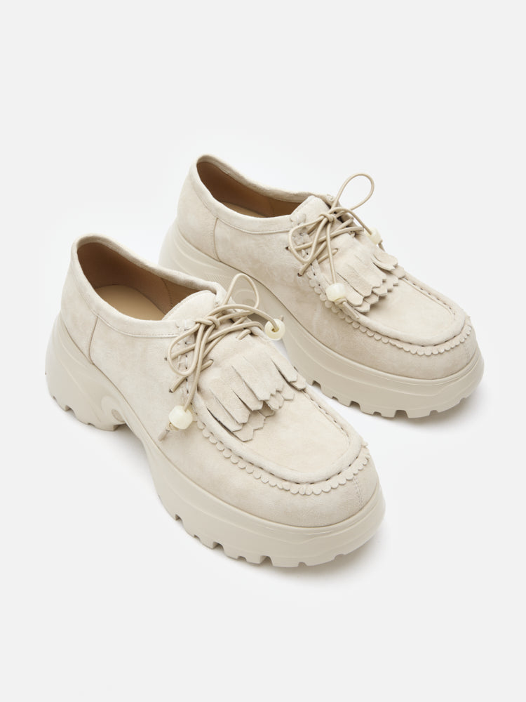 PAZZION, Maeve Suede Fringed Loafers, Beige