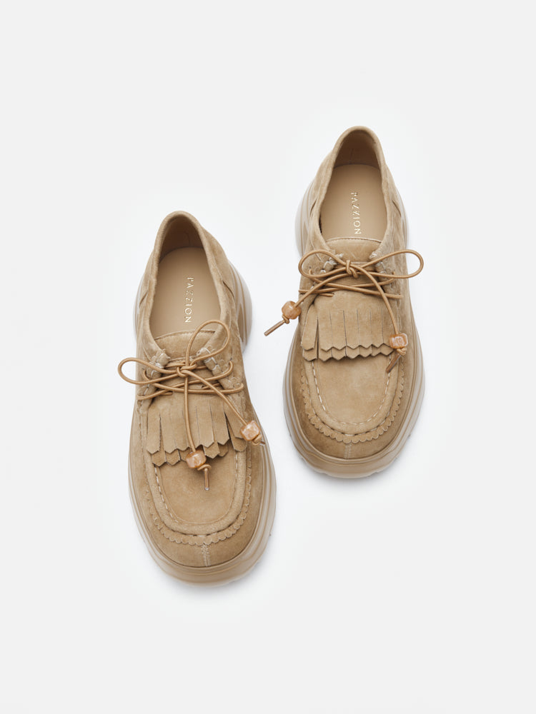 PAZZION, Maeve Suede Fringed Loafers, Camel
