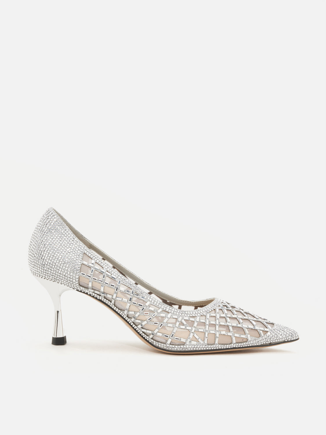 PAZZION, Mallory Crystal Embellished Perforated Pointed Toe Heels, Silver
