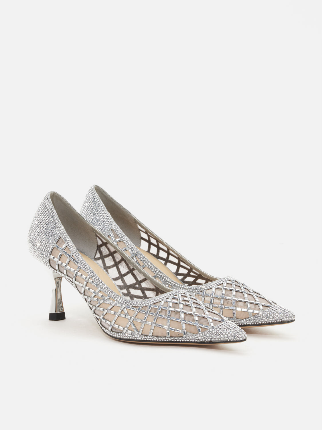 PAZZION, Mallory Crystal Embellished Perforated Pointed Toe Heels, Silver
