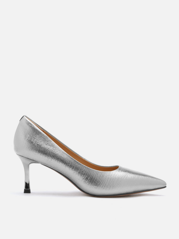 PAZZION, Marcie Metallic Pointed Toe Heels, Silver