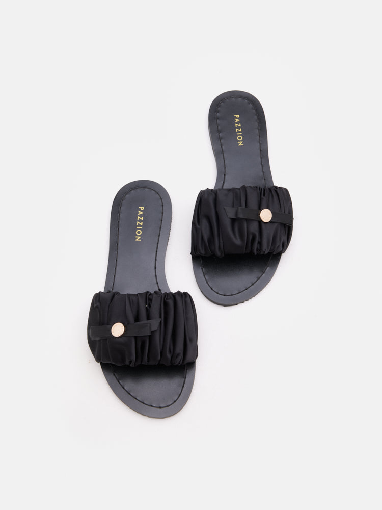 PAZZION, Maribel Ruched Satin Slide Sandals, Black
