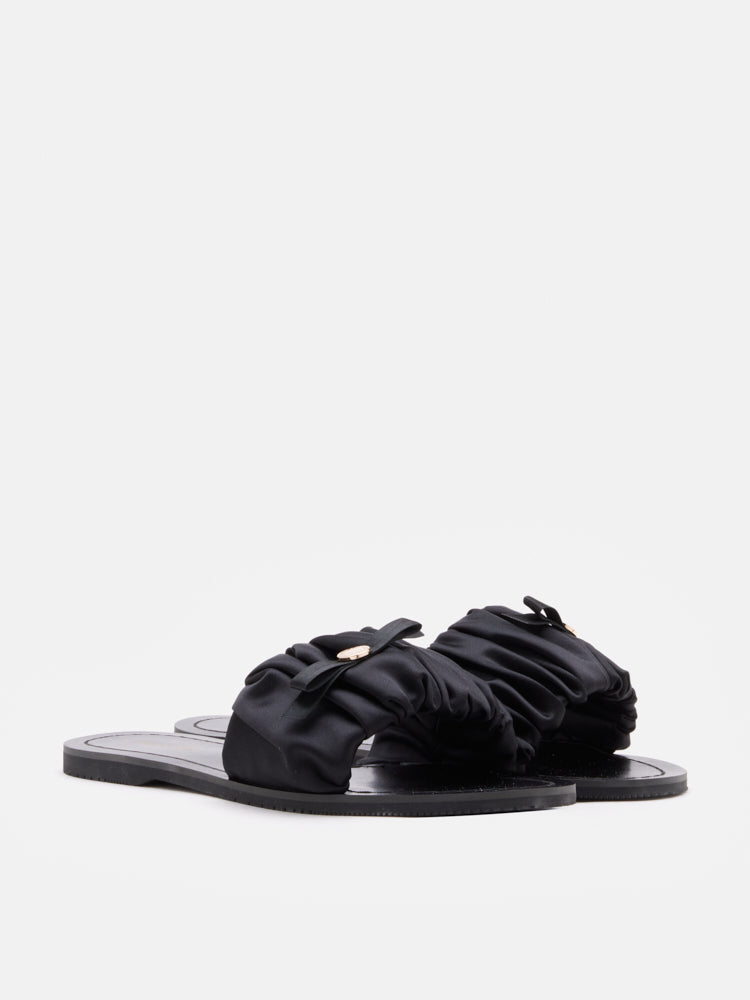 PAZZION, Maribel Ruched Satin Slide Sandals, Black